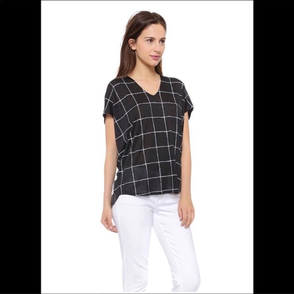VINCE Black White Window Pane Pullover V Neck Tunic Blouse Short Sleeve Top S - Picture 4 of 8